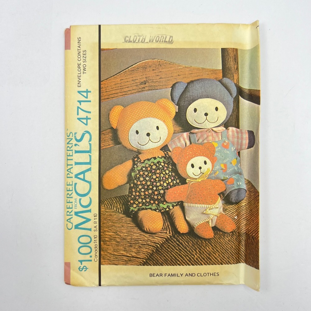 McCalls 4714 Teddy Bear Family & Clothes Sewing Pattern Vintage 1975 Craft Plush